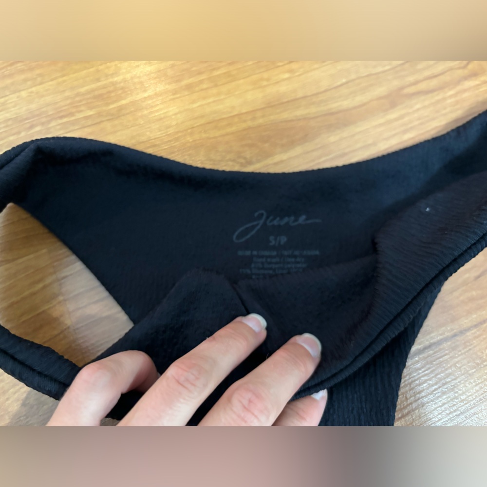 JUNE SWIMWEAR Tropical Off Shoulder Top and Cheeky Black Bikini Bottoms - Picture 12 of 12